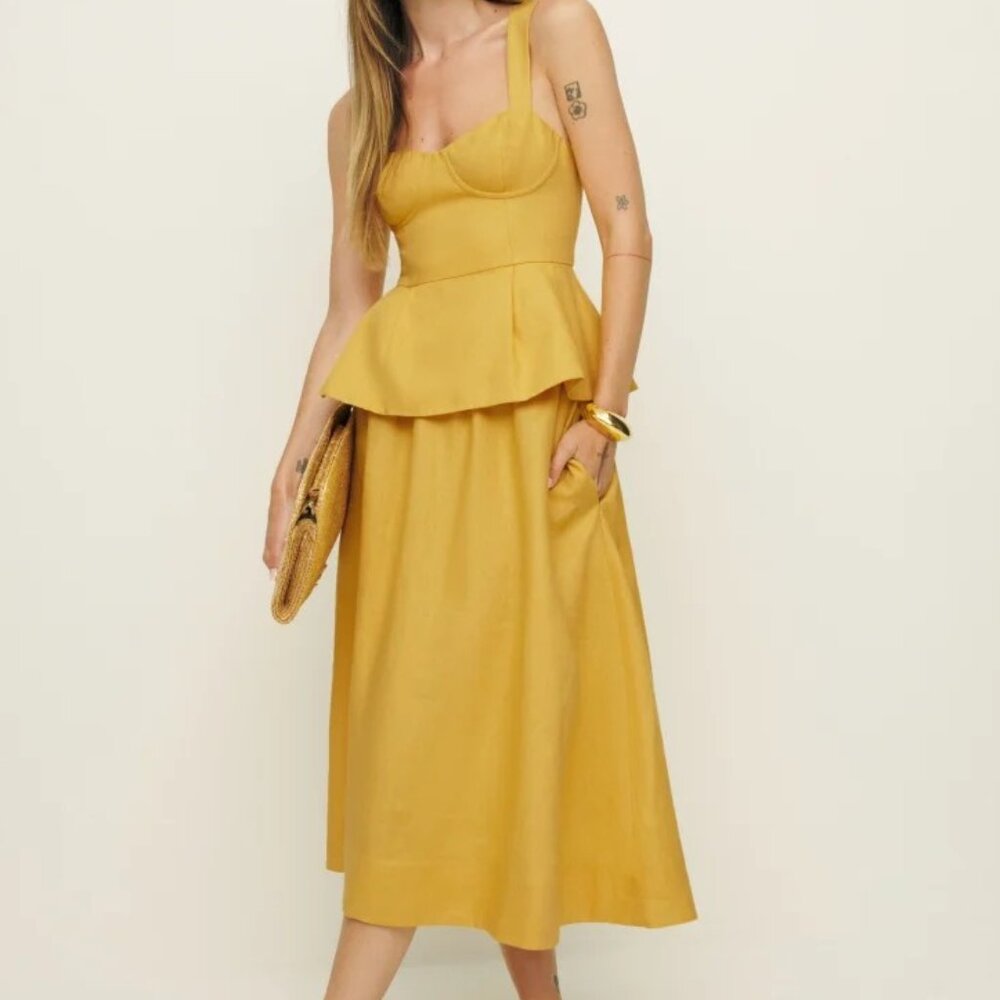 Reformation Misty Linen Midi Skirt in Yellow